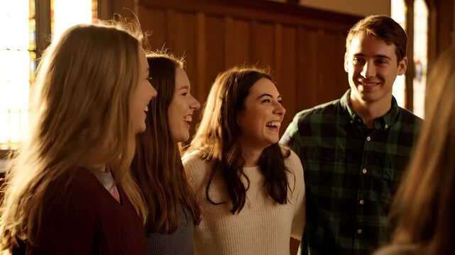 girl and woman and man form group near church window. teen and adult laugh and smile. wood panel and stainedglass interior frame candid conversation among young faces. expression captured in portrait.