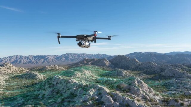 Medium shot of a drone equipped with lidar technology capturing detailed topographical data over a rugged landscape under clear skies