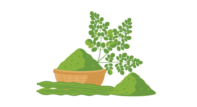 Vector illustration set of the moringa plant, showing fresh green leaves, seed pods, and moringa powder in a bowl and pile.
