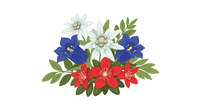 Beautiful bouquet of alpine wildflowers, featuring white edelweiss, blue gentian, and red blossoms with green leaves.