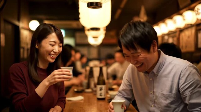 Happy Japanese couple laughing and enjoying drinks at a lively izakaya