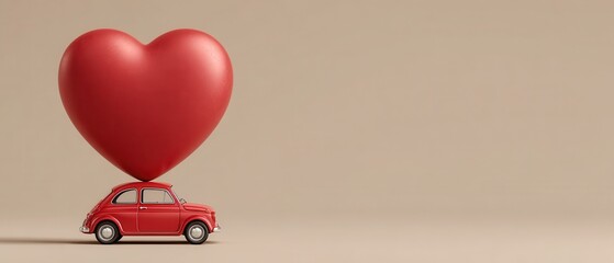 A small red car carries a large red heart balloon, symbolizing love and affection against a neutral background.