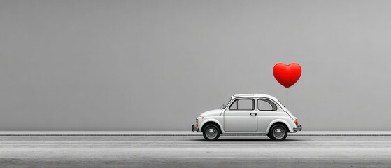 A whimsical white car parked against a gray backdrop, holding a red heart balloon, evoking feelings of love and simplicity.