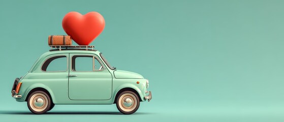 A vintage car with a heart-shaped object on top, symbolizing love and adventure, set against a mint green background.