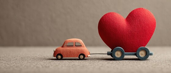 A small toy car pulls a large red heart, symbolizing love and affection in a playful, charming scene.
