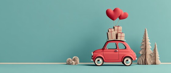 A charming red car carries gifts and heart-shaped balloons against a teal background, surrounded by whimsical paper trees and decorations.