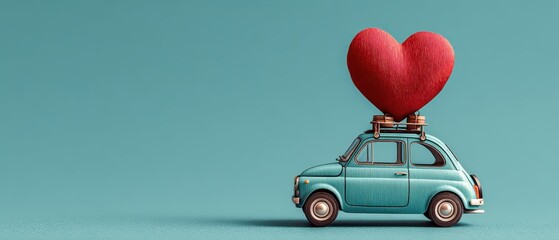 A vintage car with a large red heart on top against a teal background, symbolizing love and adventure.