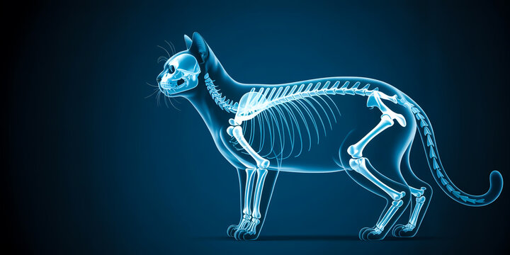 A digital X-ray style illustration of a standing cat with its skeletal structure visible in bright blue-white against a deep blue background.