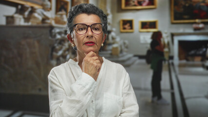 Fototapeta premium Senior woman with grey hair and glasses stands thoughtfully in an art gallery, surrounded by paintings and sculptures, wearing a white blouse and pearl earrings in a contemplative pose.