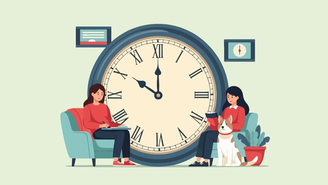 Two women and a dog relax near a large clock and potted plant