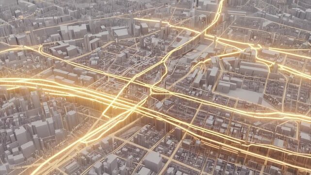 A top-down view of a 3D city model, with glowing lines representing data flow, over a grey cityscape