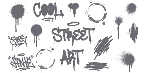Grungy street art graffiti design elements set with spray paint splatters, drips, and distressed lettering vector illustration © vector Designer
