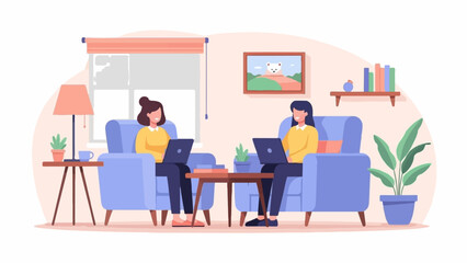 Two women in yellow tops use laptops in cozy armchairs at home