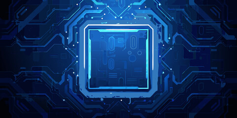 Abstract blue circuit board pattern with a central microchip illustration