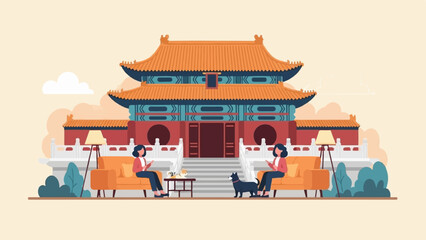 Obraz na płótnie Canvas Two women relax with pets in a serene setting before a grand traditional building