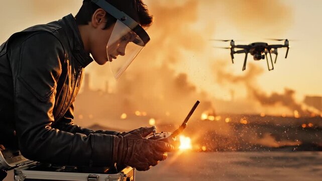 Man with VR headset flies drone using controller at sunset. Pilot wearing VR goggles controls drone. Man operates drone with VR headset. Sunset flight with drone and VR controller outdoors.
