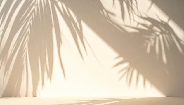 Soft sunlight casts dappled palm leaf shadows across a serene, sunlit wall