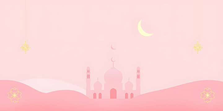 Soft pink Ramadan background with simple mosque silhouette and crescent moon, elegant gold Islamic patterns, pastel gradient, minimal clean layout for festive design