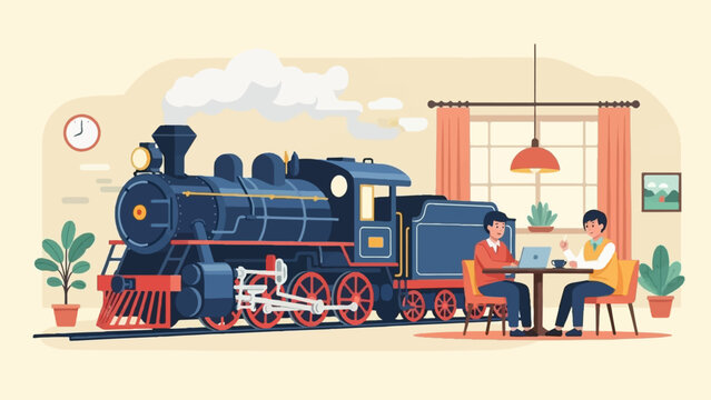 Two people working on laptops near a vintage train