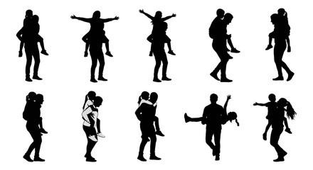 Fototapeta premium Silhouettes of people dancing and exercising in various dynamic poses and movements.