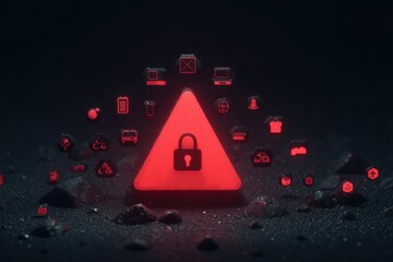 Red illuminated triangle warning with a padlock symbol and floating cybersecurity icons