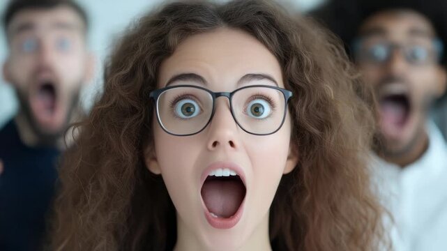 Group of friends showing surprise with wide open mouths in a bright room during a fun moment captured
