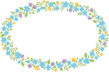 Obraz premium A colorful floral vector frame with blue, purple, and yellow flowers arranged in a circular pattern on a white background.