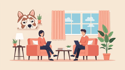 Fototapeta na wymiar Two people work on laptops while relaxing in cozy armchairs at home