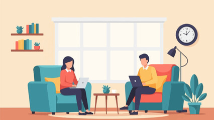 Two people work on laptops while relaxing in comfortable armchairs at home