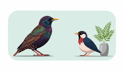 Fototapeta premium Two small birds and a potted plant on a light blue background