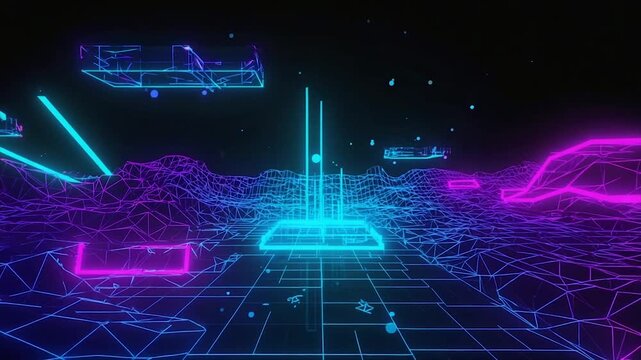Cyberpunk scene featuring geometric landscape with illuminated grid and floating structures