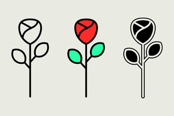 Illustration of a single rose in three different styles. Plant and flower theme. Valentine theme, vector illustration.