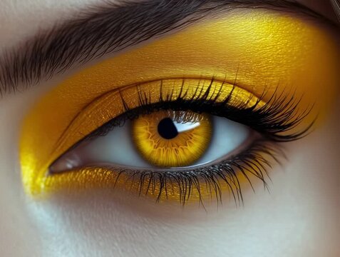 Bright yellow eye makeup is applied with care and precision during a beauty tutorial at home in the afternoon