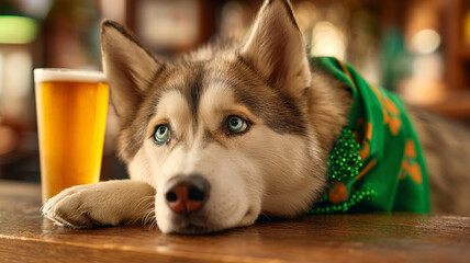 St. Patrick's Day. Husky in a green hat and with a glass of beer at the bar.