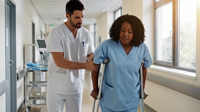 Nurse helps patient walk using crutches in hospital corridor. Healthcare worker assists woman with crutches. Patient walks with nurse support in hospital. Woman uses crutches during rehabilitation.