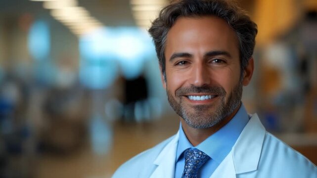 Doctor in lab coat smiles at the camera while standing in a modern healthcare facility during the day