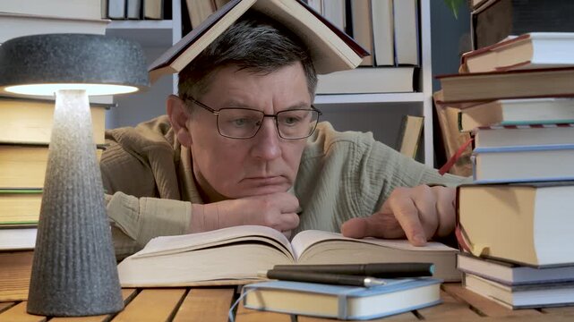 Man studying open book at desk surrounded by stacked literature, Focused reading process with glasses lamp and notebooks in indoor workspace