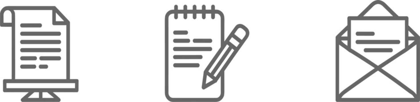 Creative business writing and documentation vector icon set for blogging, email marketing, and professional note taking