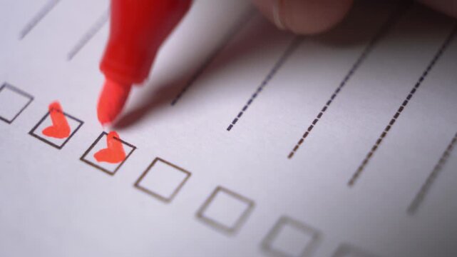 A close up view of a hand ticking checkboxes on a paper document with a marker pen completing a task list or survey