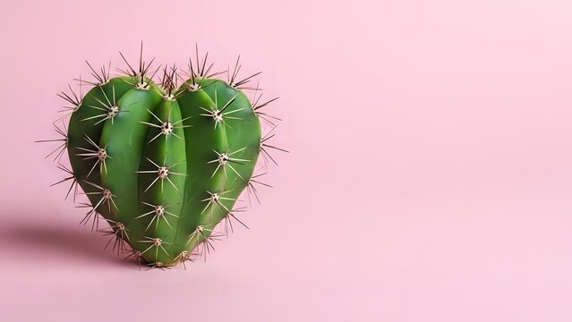 Heart-shaped cactus with spines on pink background. Concept for love hurts, complicated relationships, Valentine's Day with twist, romantic irony.