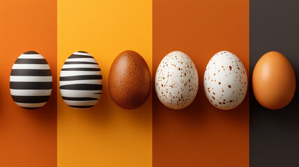 Colorful decorative eggs arranged on a vibrant background. The eggs feature various patterns and colors, including stripes and speckles, suitable for Easter themes.