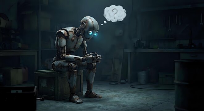 Thoughtful robot sitting in contemplative pose with thought bubble in dark industrial setting. Artificial intelligence concept for technology and automation themes.