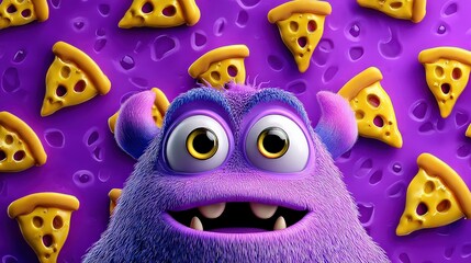 Cute Purple Monster with Floating Pizza Slices Snack Party
