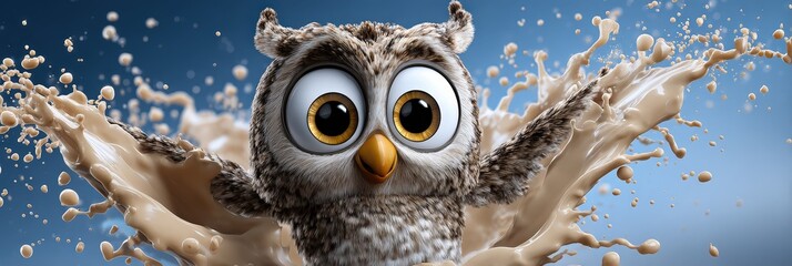 Cute Owl Character Splashing in Creamy Coffee or Latte