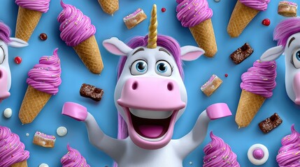 Cute Unicorn with Pink Ice Cream Cones and Party Snacks