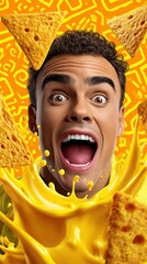 Excited Man with Nacho Chips and Cheese Splash for Party Snacks
