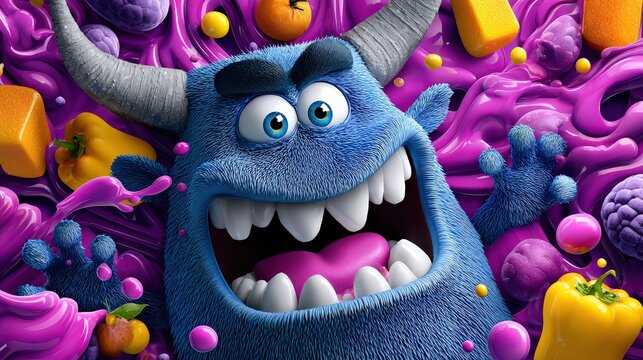 Cute Blue Monster Enjoying Colorful Party Snacks and Appetizers