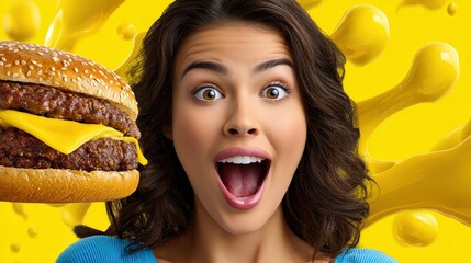 Excited Young Woman with Large Double Cheeseburger and Yellow Splash
