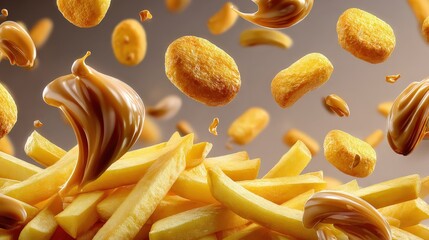 Delicious Crispy French Fries and Chicken Nuggets with Dipping Sauce