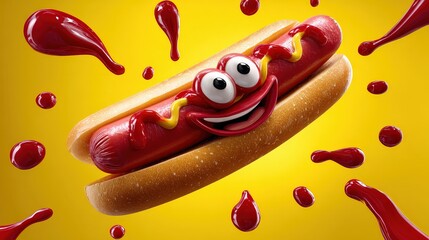 Cartoon Smiling Hot Dog with Ketchup and Mustard Food Art